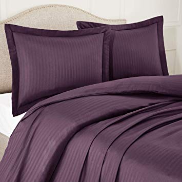 Nestl Bedding Duvet Cover 3 Piece Set – Ultra Soft Double Brushed Microfiber Bedding – Damask Dobby Stripe Comforter Cover and 2 Pillow Shams - King/Cal King 90” x 104” - Purple Eggplant