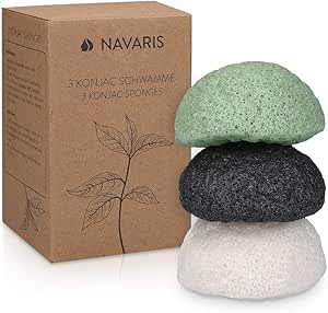 Navaris Konjac Sponges - Set of 3 - Facial & Body Konjac Sponge Puffs - Exfoliating & Cleansing Sponges for Bath & Shower - Green, Black, White