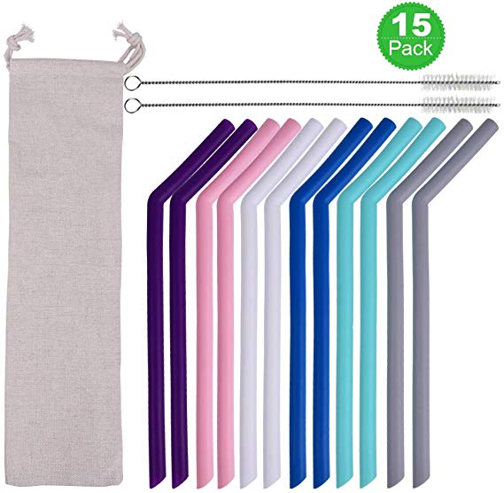 Set of 12 Reusable Silicone Straws 9.7 Inch Regular Size Reusable Drinking Straws For 20oz/30oz Tumblers Yeti/Rtic (12 bent 2 Cleaning Brushes  1 Pouch)