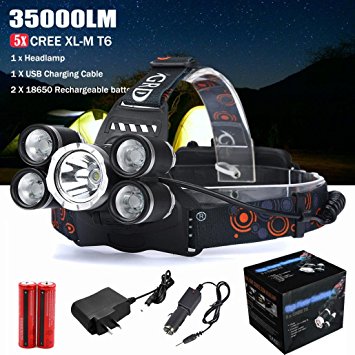 Headlamp LED Flashlight Sipring 35000LM 5x XM-L T6 LED Headlamp Headlight Flashlight Head Light Lamp 2x18650 Adjustable Headband Best for Camping Running Hiking
