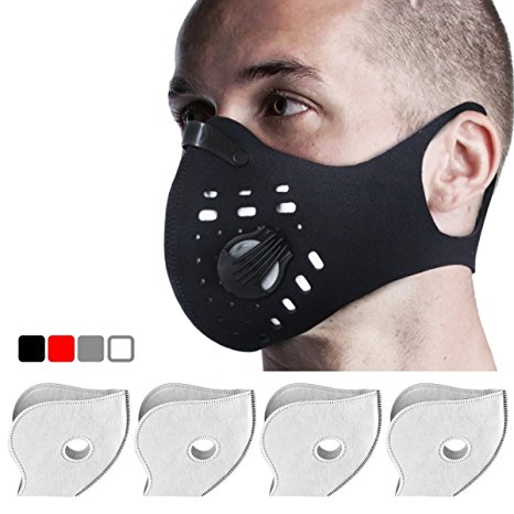 Anti-Pollution Dust-proof / Dust Mask with 2 Valves and 4 Activated Carbon N99 Filters. Filtration of Exhaust Gas, Pollen Allergy and PM2.5. Cycling Face Mask for Outdoor Activities by FIGHTECH (BLK)