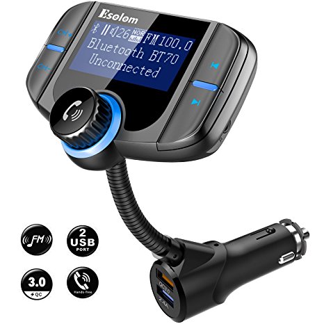 [Upgraded Version] Bluetooth FM Transmitter, Esolom Wireless Car Radio Adapter, Hands-free Talking Car Kit with AUX Port, QC 3.0 and Smart 2.4A Dual USB Ports, 1.7 Inches Screen Supports Display Car Battery Voltage, Song Names and Phone Number, Support TF Card up to 32G