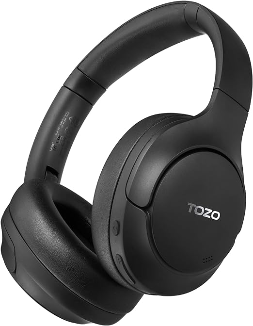 TOZO HT2 Hybrid Active Noise Cancelling Wireless Headphones, 60H Playtime Lossless Audio Over Ear Bluetooth Headphones, Hi-Res Audio Deep Bass Foldable Lightweight Headset for Workout Black