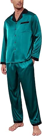 Ekouaer Men's Silk Pajama Set Long Satin Loungewear 2 Piece Pjs Classic Button Down Sleepwear S-XXL