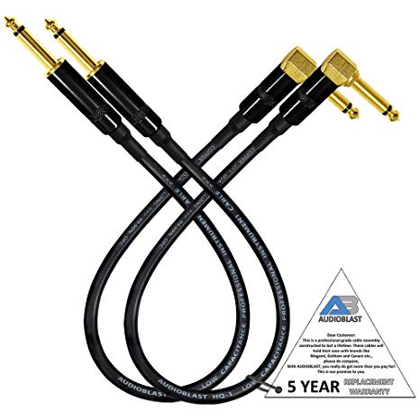 Audioblast - 2 Units - 1.5 Foot - HQ-1 - Ultra Flexible - Dual Shielded (100%) - Guitar Instrument Effects Pedal Patch Cable w/Eminence Straight & Angled Gold ¼ inch (6.35mm) TS Plugs & Double Stagge