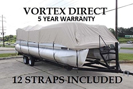 NEW BEIGE 20 FT VORTEX ULTRA 5 YEAR CANVAS PONTOON/DECK BOAT COVER, ELASTIC, STRAP SYSTEM, FITS 18'1" FT TO 20' LONG DECK AREA, UP TO 102" BEAM (FAST FREE SHIPPING - 1 TO 4 BUSINESS DAY DELIVERY)