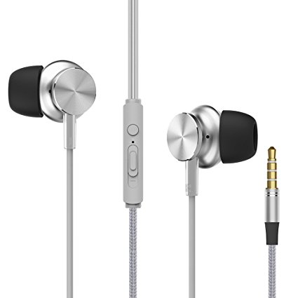 In-ear Headphones with In-line Microphone and Remote ROCK SPACE Y2 Stereo Braided Cable Noise Cancelling Cell Phone Earphones with Mic Sport Earbuds for all 3.5 mm Audio Smartphones (Silver)