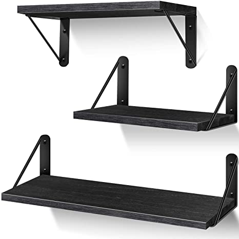 AIBORS Floating Shelves for Wall, Rustic Wood Wall Shelves Decor Set of 3 for Bedroom, Bathroom, Living Room, Kitchen, Office, Laundry Room, Original Wood (Black)