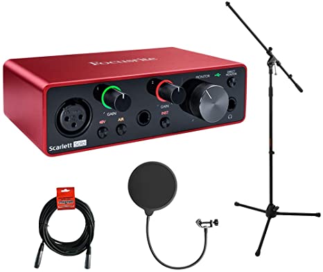Focusrite Scarlett Solo 3rd Gen 2-in, 2-out USB Audio Interface with Tripod Mic Stand   Boom, Kellopy Pop Filter & XLR Cable Bundle