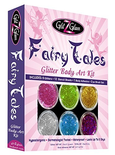 Fairy Tales Glitter Tattoo Kit with 6 Large Glitters & 12 Amazing Stencils - HYPOALLERGENIC and DERMATOLOGIST TESTED! -Temporary Tattoos & Body Art