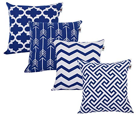 ANA Home DÉCOR Square Printed Cotton Cushion Cover,Throw Pillow Case, Slipover Pillowslip for Home Sofa Couch Chair Back Seat,4pc Pack 18x18 in Royal Blue Color