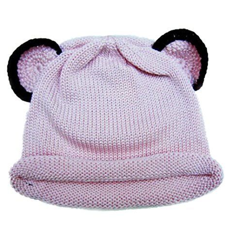 Cute Baby Beanie Hat 0-6m Soft Luxurious Cotton Knit - Pink Bear Ear Hat
