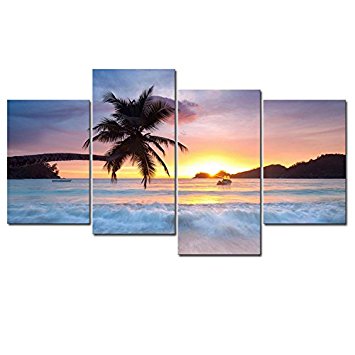 Pyradecor Sunrise Beach Theme Large 4 Piece Seascape Giclee Canvas Prints on Canvas Wall Art Modern Gallery Wrapped Ocean Sea Waves Pictures Paintings Artwork Ready to Hang for Home Décor L