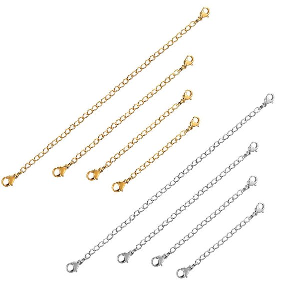 FIBO STEEL Stainless Steel 8 Pcs Necklace Bracelet Extender Chain Set,2" 3" 4" 6"
