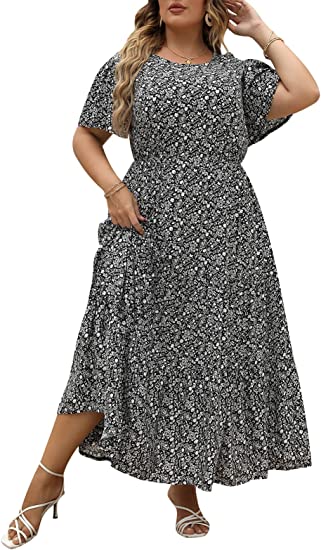 Nemidor Womens Plus Size Boho Ditsy Floral Print Casual Layered Flared Maxi Dress with Pocket NEM304