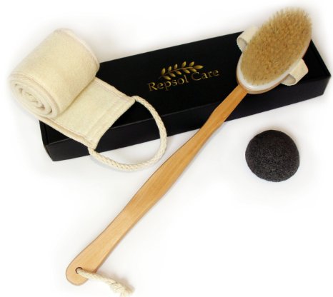 Body Brush for Dry Skin Brushing with Natural Boar Bristles - Back Brush, pre Shower & Bath Brush with Detachable Long Handle for Dry Brushing and Cellulite Reduction - Loofah Back Scrubber