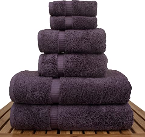 Luxury Hotel & Spa Quality, Quick Dry 100% Turkish Cotton, 700 GSM, Eco Friendly Towel, Bathroom and Kitchen Dobby Border Towels, 2-Bath Towel, 2-Hand Towel, 2-Washcloth (Bundle Set of 6, Plum)
