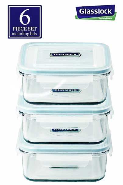 Original Glasslock Airtight Anti Spill Square Tempered Glass Food Container 30-ounce/900ml 6 piece set (3pcs container and 3 pcs lids)