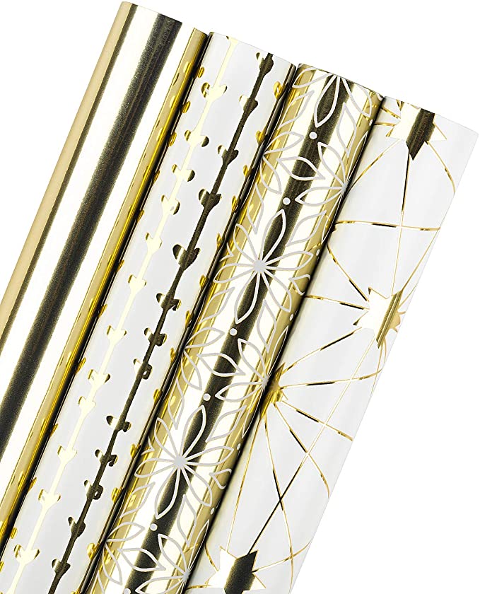 WRAPAHOLIC Wrapping Paper Roll - Metallic Gold Print Set for Birthday, Holiday, Wedding, Baby Shower - 4 Rolls - 30 inch X 120 inch Per Roll