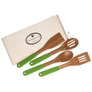 NEW Product -The Kitchen Love Wooden Bamboo Utensils Set With Wooden Serving Cooking Spoons and Spatula with Storage Holes and Silicone Handles with Free Cheesecloth (Green)