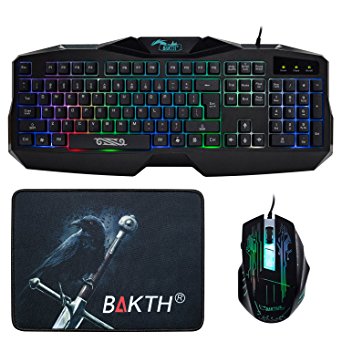 BAKTH 2015 New Design Colorful Seven Distrct with Different Seven Color Rainbow Backlit Gaming Keyboard   Seven Automatic Color Changing Backlit Mouse   BAKTH® Customized Fire Mouse Pad as Gift [18-Month-Warranty]