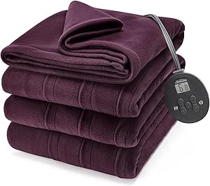 Sunbeam Electric Royal Ultra Fleece Heated Blanket, 12 Heat Settings, 12-Hour Selectable Auto Shut-Off, Fast Heating, Warm and Cozy, Claret Color, Full, 84" x 72"