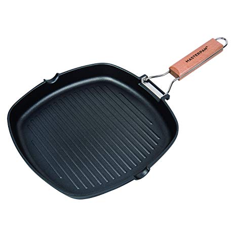 MasterPan Non-Stick Cast Aluminum Grill Pan w/Folding Wooden Handle, 11", Black, Sectional Series, Nonstick Cookware, MP-140