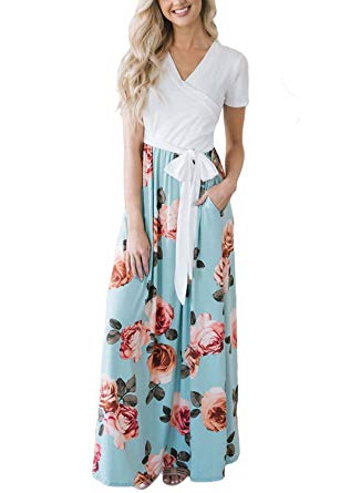 Dokotoo Womens Casual V Neck Short Sleeve Floral Print Maxi Long Dress with Belts