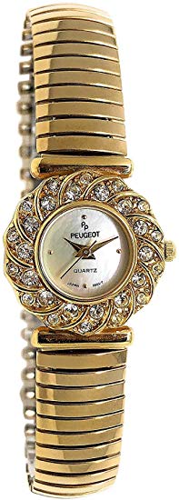 Peugeot Women 14Kt Gold Plated Crystal Bezel Watch with Soft Expansion Bracelet