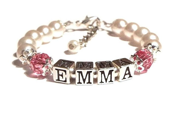 Baby Pearl and Sterling Silver Name Bracelet with Crystal Birthstones