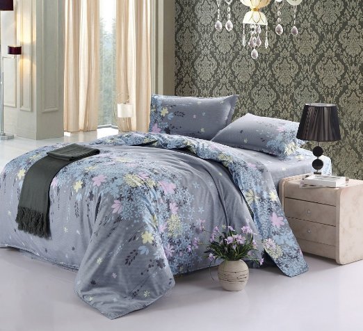 Vaulia Cotton Blend Lightweight Duvet Cover Sets, Floral Print Pattern Design, Grey - Full/Queen Size