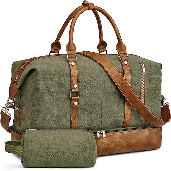 S-ZONE Weekender Bag for Men Canvas Duffle Large Weekend Overnight Travel Carry On Tote Bag with Shoe Compartment (Army Green)