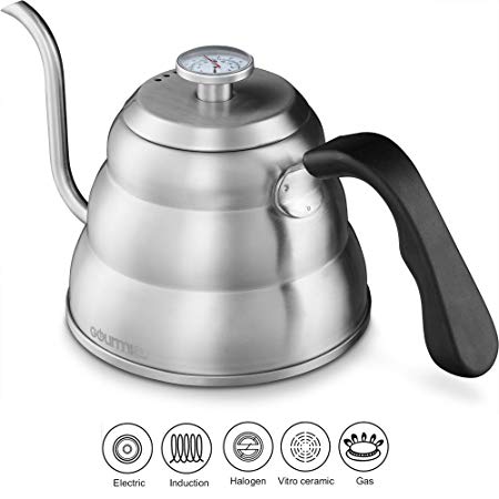 Gourmia GCK9975 Pour Over Coffee Kettle with Built In Thermometer For Perfect Temperature and Gooseneck Spout - Stainless Steel Stovetop Tea Pot - Induction Stove and Fire Safe - 1.2 Liter