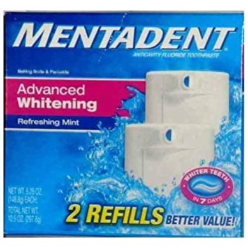 Mentadent Fluoride Toothpaste Advanced Whitening Refreshing Mint , 2 Refills Each 5.25 Oz (Pack of 2) 21 Oz Total