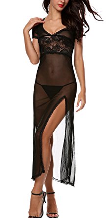 Avidlove Sexy Lingerie Women's Mesh Lace V-Neck Sheer Split Long Dress With G-string