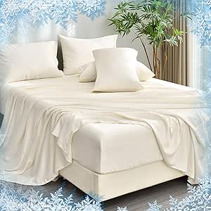 PHF Cooling Sheets Set Queen Size 6 Piece - 100% Rayon Derived from Bamboo - Wider Elastic Band & 16 Inch Deep Pockets - Luxury Soft and Breathable Bedding Sheets & Pillowcases, Cream White