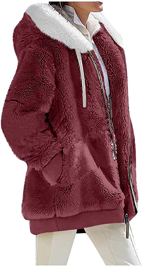 SERYU Womens Manmade Lamb Wool Coat Winter Loose Hooded Jacket Plush Coat with Pockets