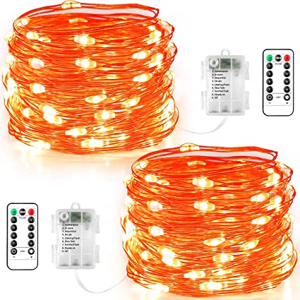 GDEALER 2 Pack Halloween Fairy Lights 20 FT 60 LEDs Orange lights Battery Operated with Remote Christmas Lights Waterproof Copper Wire Firefly Twinkle Lights Orange Halloween String Lights for Bedroom