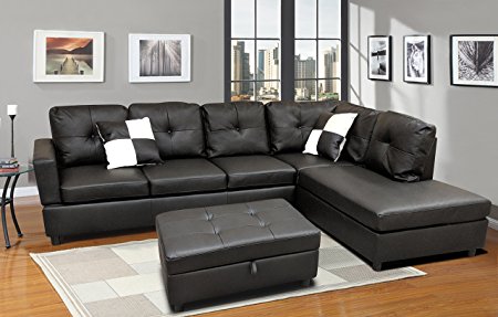 WINPEX 3 Piece Faux Leather Sectional Sofa Set with Free Storage Ottoman   left or right chaise orientation