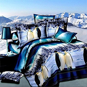 Lovelyou Penguins 100% Cotton Queen Size 3d Print Bedding Set (1 Duvet Cover + 1 Bed Sheet + 2 Pillow Case)