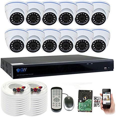 GW 16 Channel 5 Megapixel Video Day Night Security Surveillance System, 12 Weatherproof HD 5MP (2.5X 1080P) Dome Cameras, Motion Detection/Smart Search/Email Alert