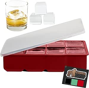 Gorilla Grip Oversized Silicone Ice Cube Tray, Stackable Leak Resistant Lid, Easy Release Freezer Mold for Large Square Cubes, Slow Melt in Drinks, Iced Coffee, Cocktail Bar Accessories, 1 Pack, Red