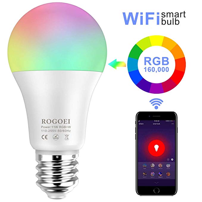 ROGOEI Smart WiFi Light Bulb, LED RGB Color Changing, Compatible with Amazon Alexa and Google Home Assistant, No Hub Required, 11W E27 Dimmable Multicolor