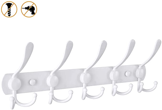 Oyydecor Wall Mounted Coat Rack, 5 Tri Hooks Heavy Duty Stainless Steel Coat Hook Rail for Coat Hat Towel Purse Robes (White)