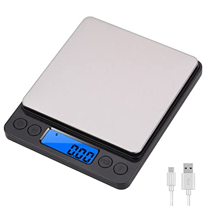 XINBAOHONG Rechargeable USB Digital Kitchen Scale 500g/ 0.01g, Pocket Jewelry Scale, Cooking Food Scale with 2 Trays, LCD, 6 Units, Tare, PCS Function