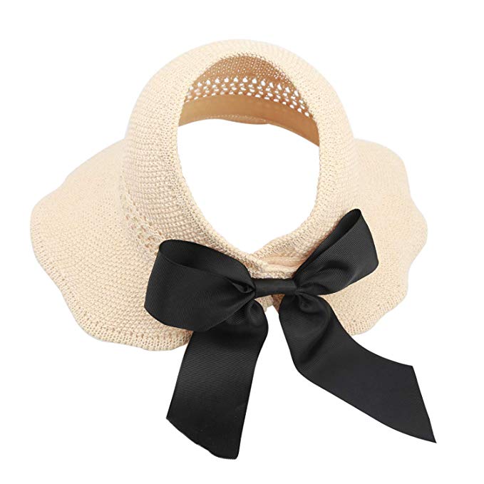 mysuntown Women’s Summer Sun Beach Straw Hat Foldable Straw Sun Visor Hat with Cute Bowtie