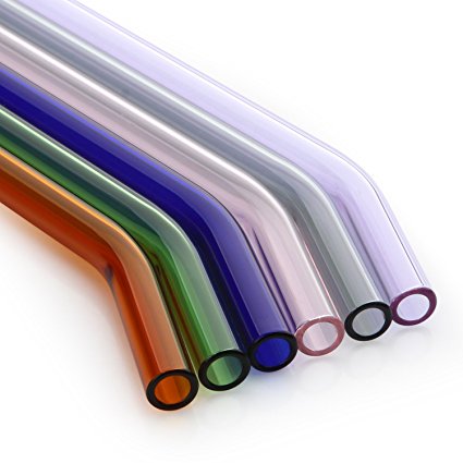 GINOVO 180mm*8mm Reusable Bent Glass Drinking Straws, Set of 6 with 3 Cleaning Brushes, Multi Color - Green , Orange , Purple , Pink , Grey , Blue