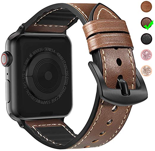 MARGE PLUS Compatible Apple Watch Band 40mm 38mm with Case, Sweatproof Hybrid Genuine Leather Silicone Sports Watch Band with Protective Case Replacement for iWatch Series 5 4 3 2 1, Dark Brown