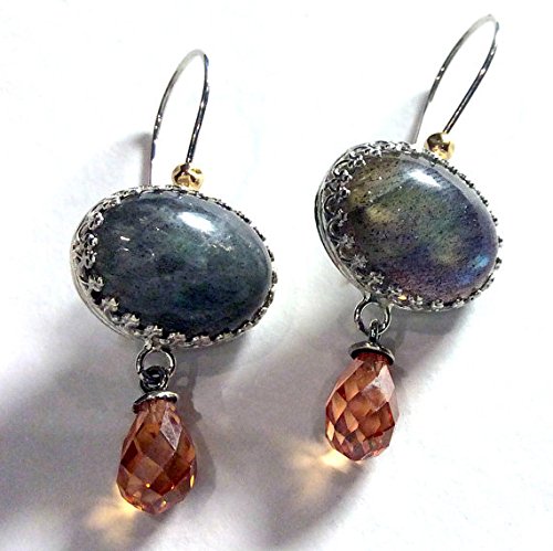 Sterling silver drop labradorite gemstone earrings with champagne quartz dangles - Shades of life E8003