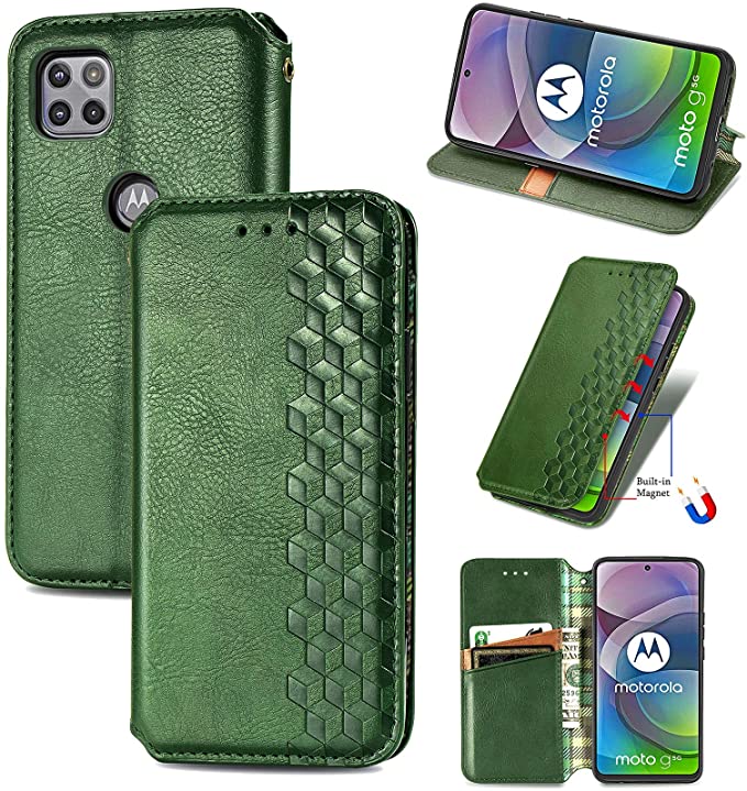 DAMONDY Moto One 5G Ace Case,DAMONDY Case for Motorola One 5G Ace, Leather Wallet Case for Women Men,Folio Stand Card Slot Magnetic Protective Cover Compatible with Moto One 5G Ace -Green